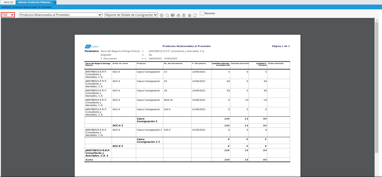 tipo de reporte de la ventana del reporte de detalle de consignación