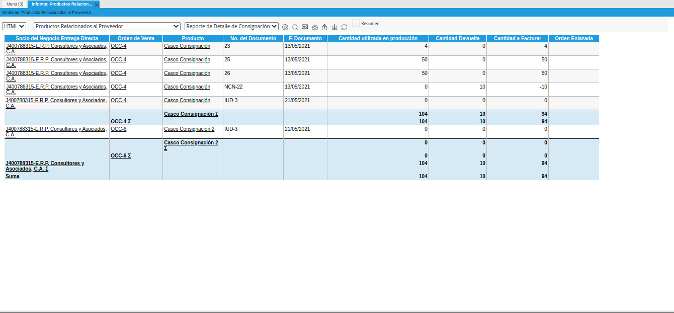 resultado del reporte de detalle de consignación