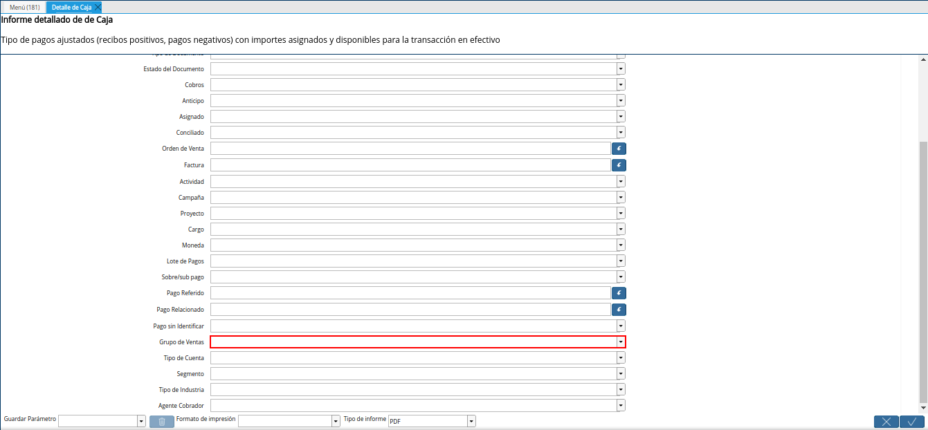 campo grupo de ventas del reporte detalle de caja