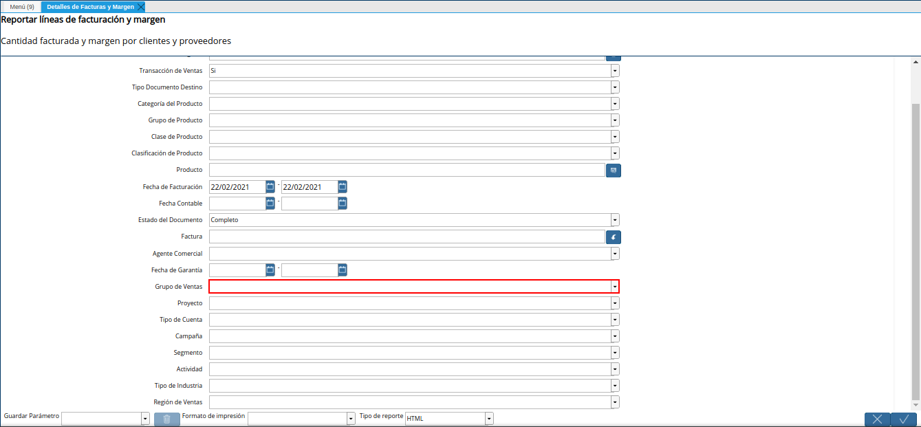 campo grupo de ventas del reporte detalles de facturas y margen según compras