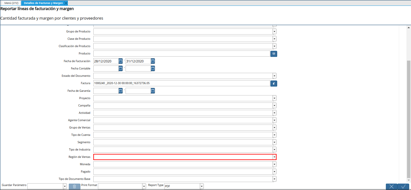 campo región de ventas del reporte detalles de facturas y margen