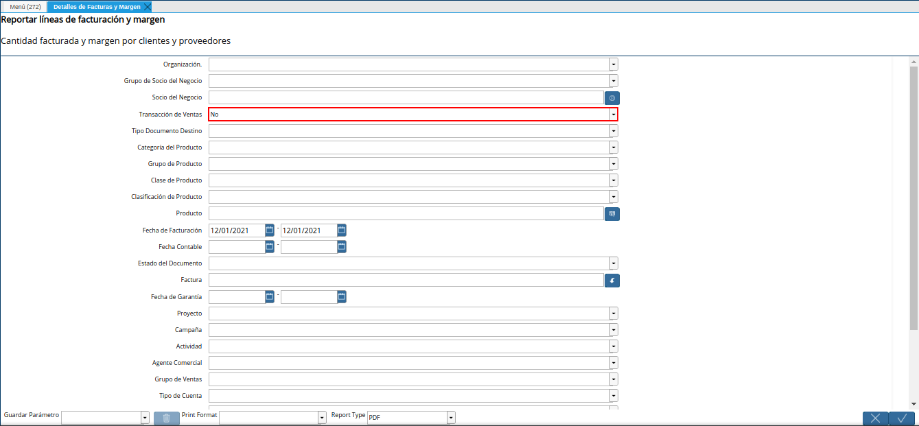 campo transacción de ventas del reporte detalles de facturas y margen