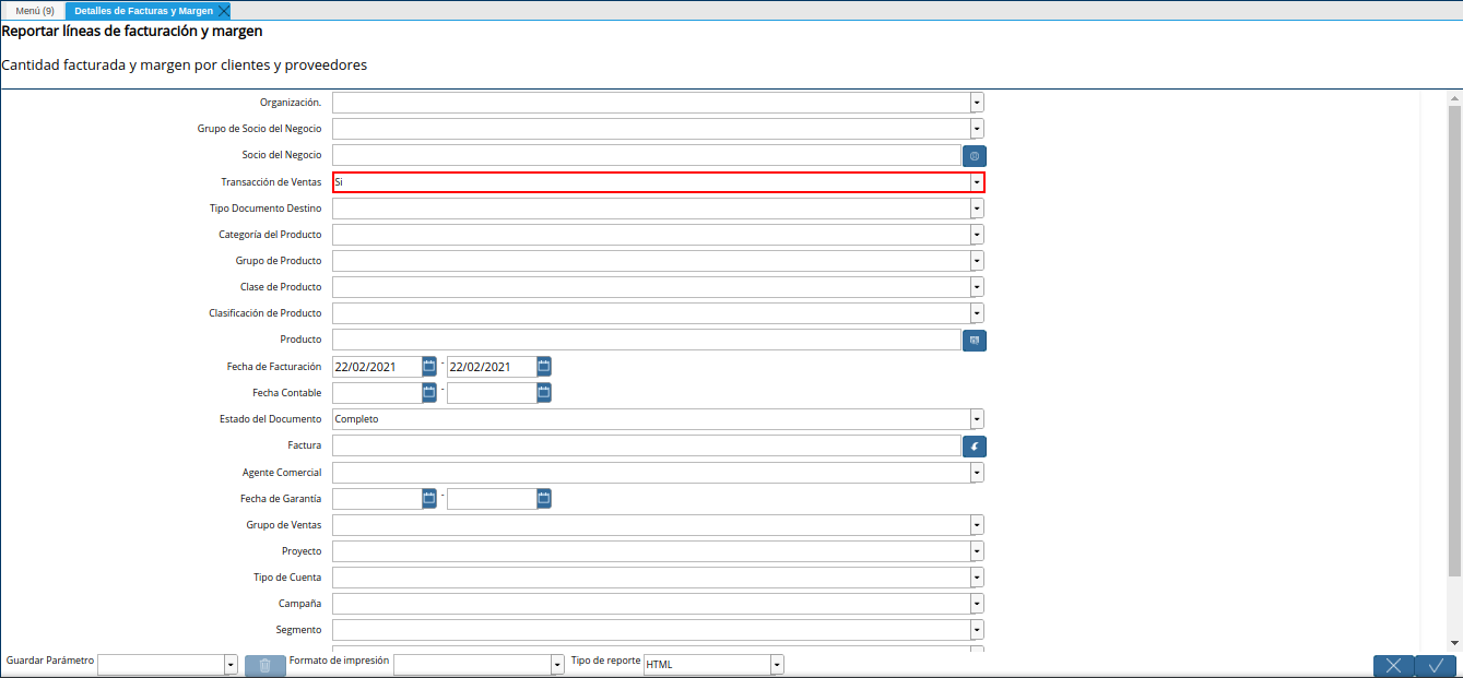 campo transacción de ventas del reporte detalles de facturas y margen según compras