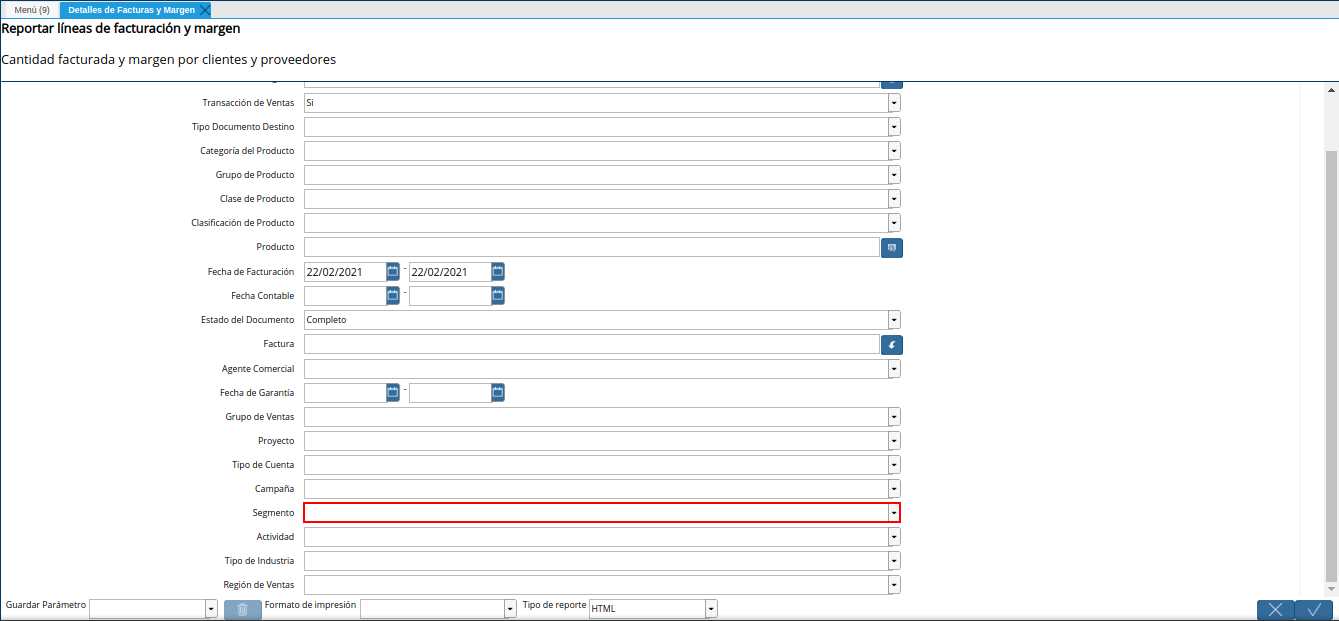 campo segmento del reporte detalles de facturas y margen según compras