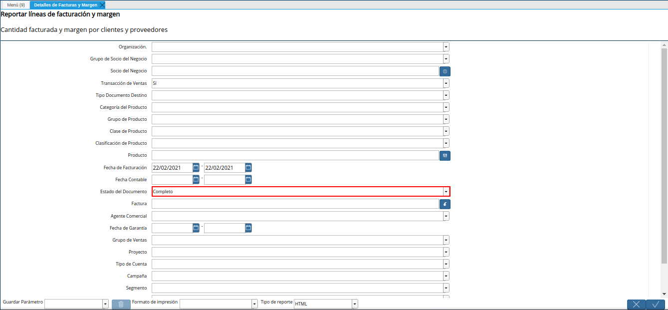 campo estado del documento del reporte detalles de facturas y margen según compras