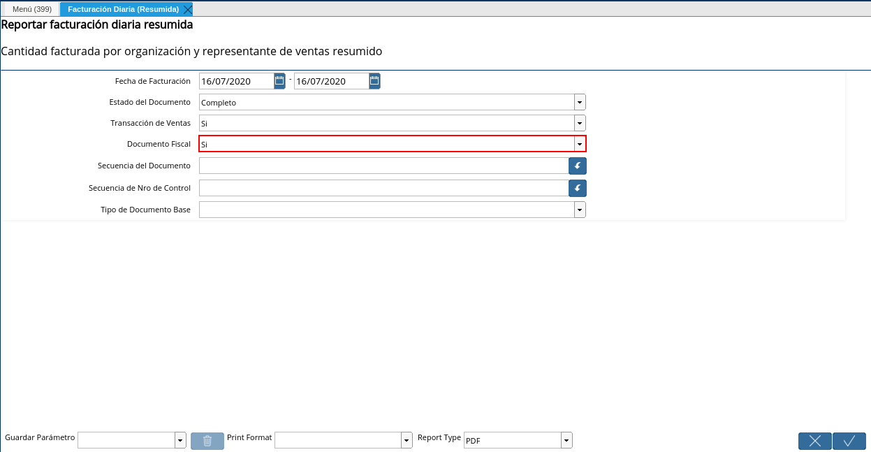 Campo Documento Fiscal de la Ventana Facturación Diaria Resumida