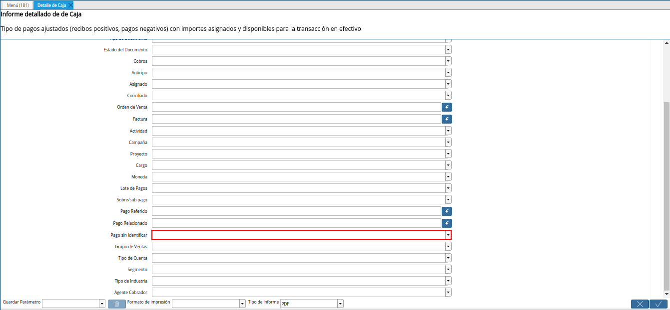 campo pago sin identificar del reporte detalle de caja