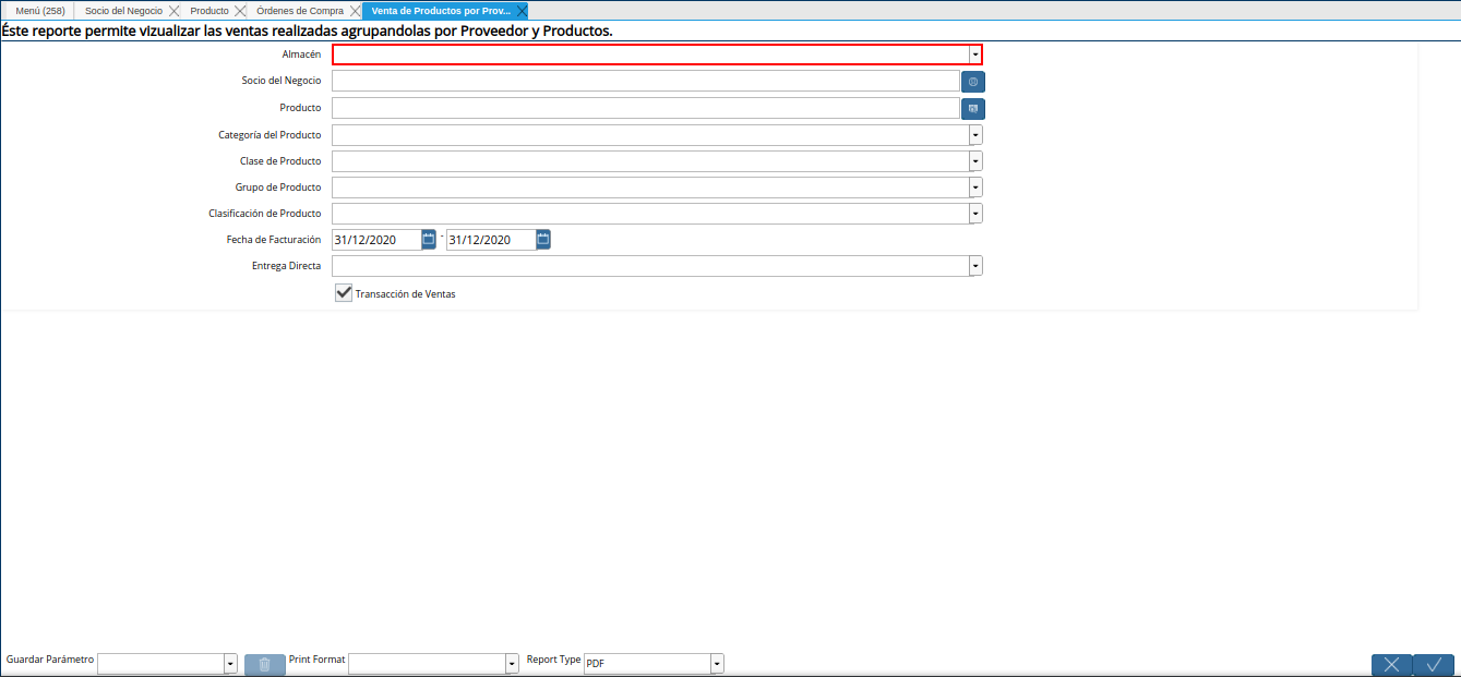 campo almacén de la ventana del reporte venta de productos por proveedor