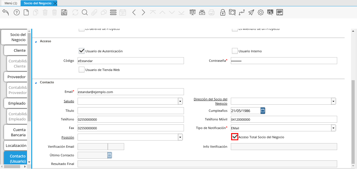 Campo Acceso Total Socio del Negocio