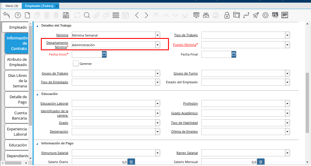 Campo Departamento Nómina