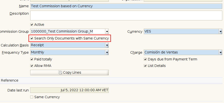 Configuración de Comisión